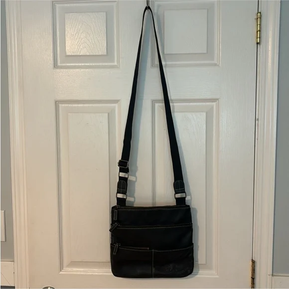 ROOTS black pebbled leather & canvas crossbody bag purse multiple pockets lined - Picture 4 of 15
